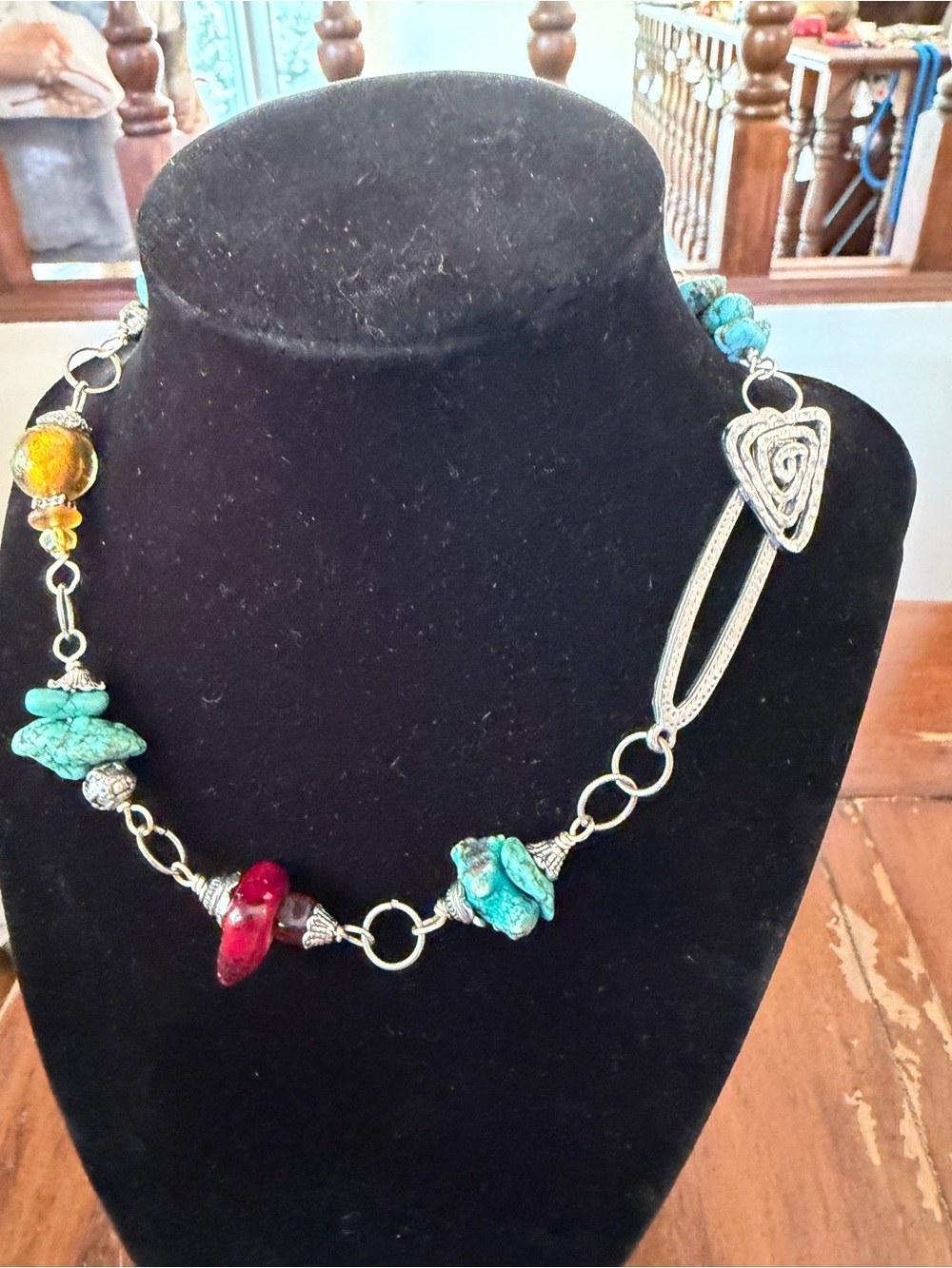Asymmetrical Handcrafted Turquoise & Red Beaded Women's Necklace